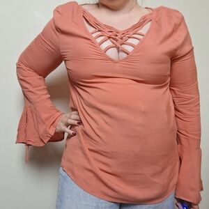 Entro Long Sleeve Coral Boho Flared Sleeve Blouse Small